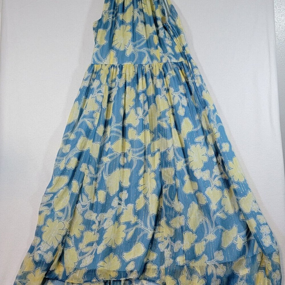 ModCloth Blue Yellow Floral Chiffon Lined High-Low Dress Large